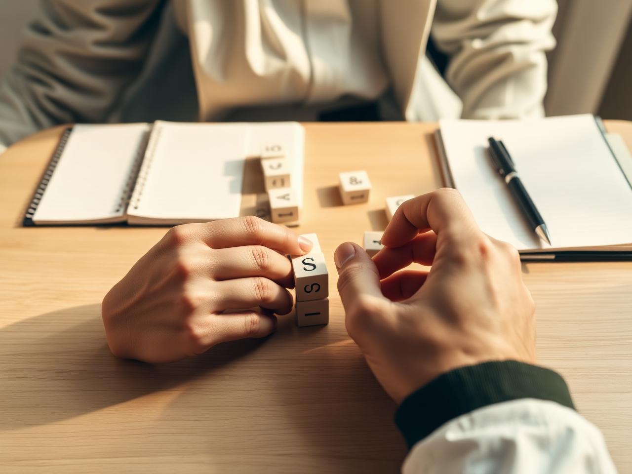 Aplicação de testes neuropsicológicos sobre mesa de madeira clara
