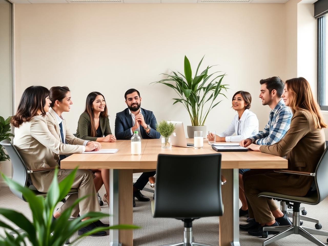 Equipe corporativa em reunião em sala clara e acolhedora